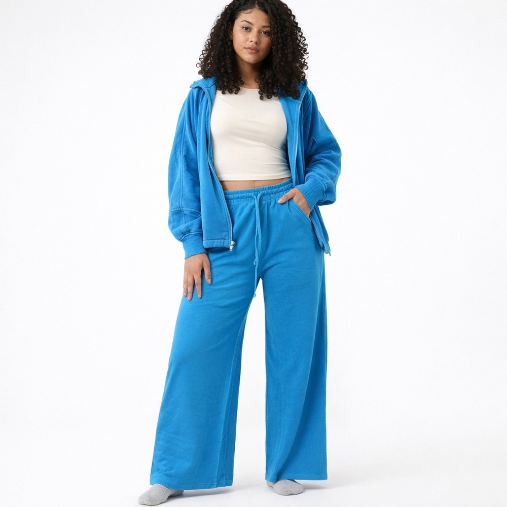 NEW Zenana Ocean Blue Wide Leg Sweatpants Hoodie Lounge Set Cozy Fleece Large